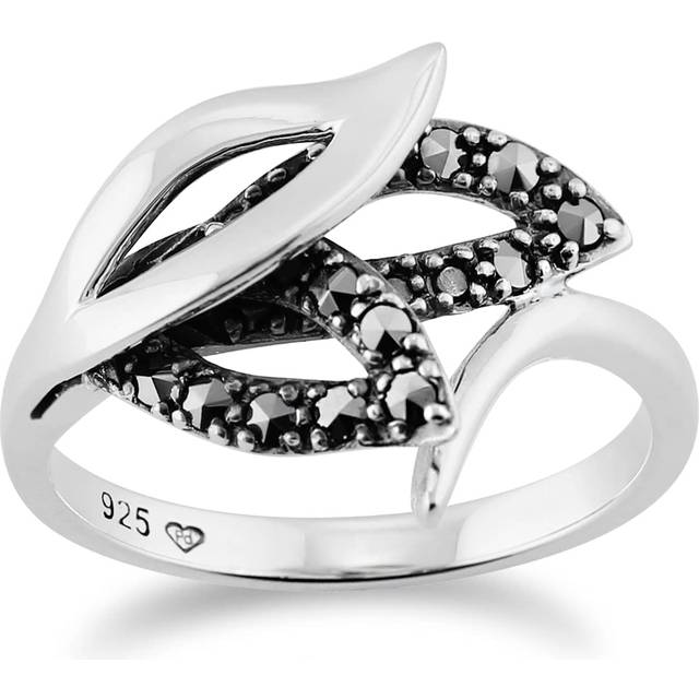 (G) Art Nouveau Style Round Marcasite Leaf Wrap Ring in 925 Sterling Silver