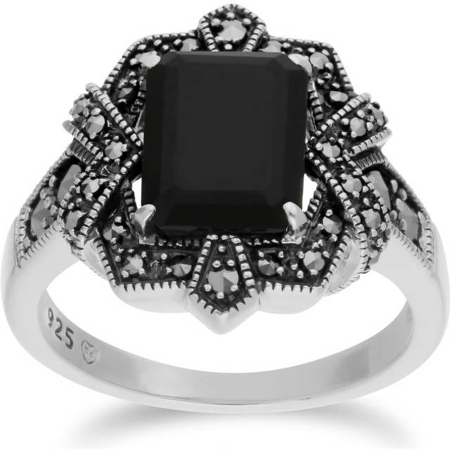 Art Deco Style Baguette Black Onyx & Marcasite Ring in 925 Sterling Silver