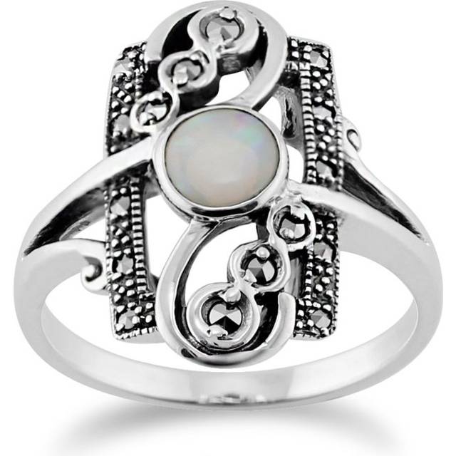 Art Nouveau Style Round Opal & Marcasite Spiral Frame Silver Ring