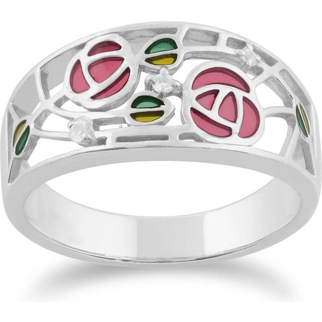 Rennie Mackintosh Round White Topaz Glasgow Rose Band Ring in 925 Sterling Silver