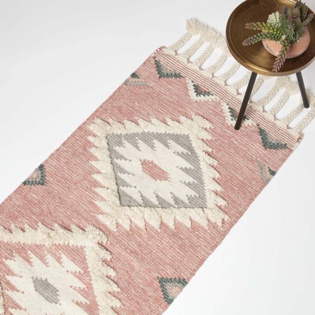 Pink Geometric 66 x 200 cm Handwoven Wool Hall Runner Kilim Rug - Rosa
