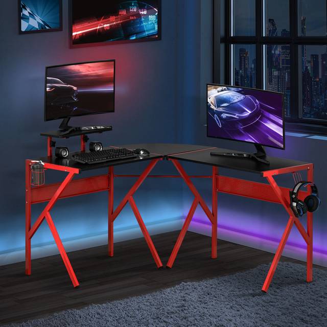 Portland L-Shaped Gaming Desk with Monitor Stand Black and Red - 125 x 125 x 75cm