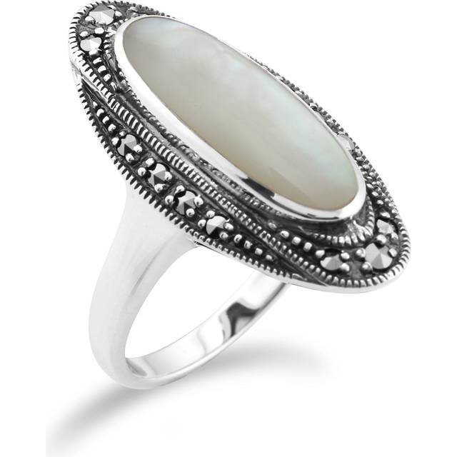 Art Deco Style Mother of Pearl Cabochon & Marcasite Ring in 925 Sterling Silver
