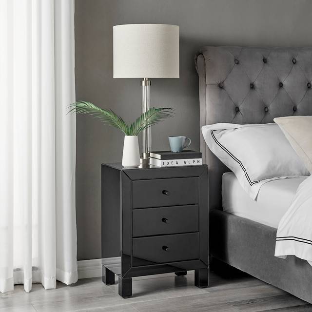 Lexi Large Wooden Bedside Table with 3 Drawers and a Modern Mirrored Finish - Black - One Size