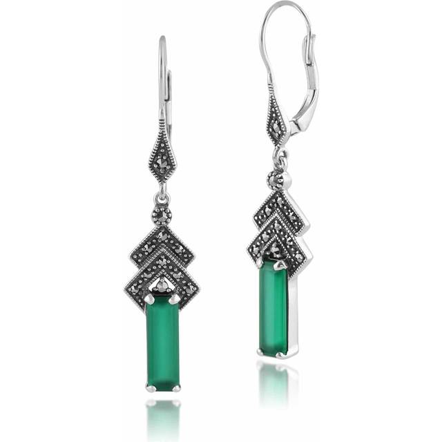 Art Deco Style Rectangle Green Chalcedony & Marcasite Drop Earrings in Silver