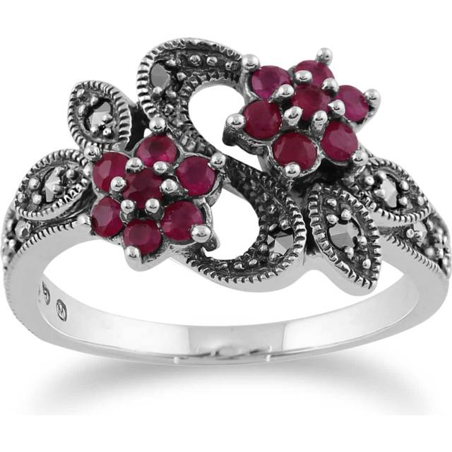 Art Nouveau Style Round Ruby & Marcasite Flower Ring in Sterling Silver