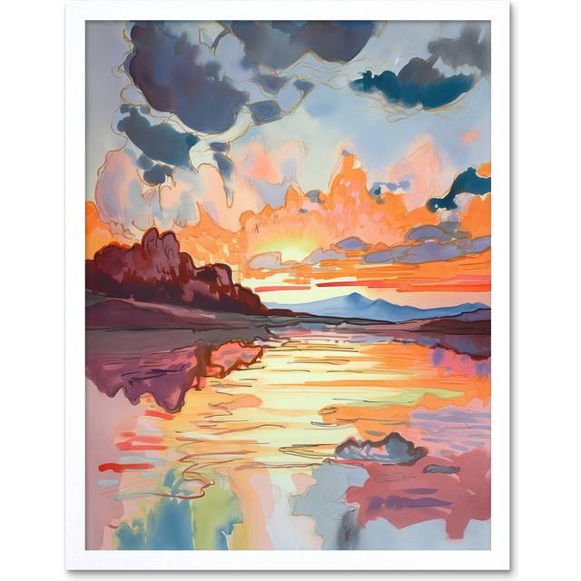 Wall Art Print Dawn Break Atmospheric Clouds Over Mono Lake Modern Watercolour Painting Art Framed - White - W12 inch x H16 inch