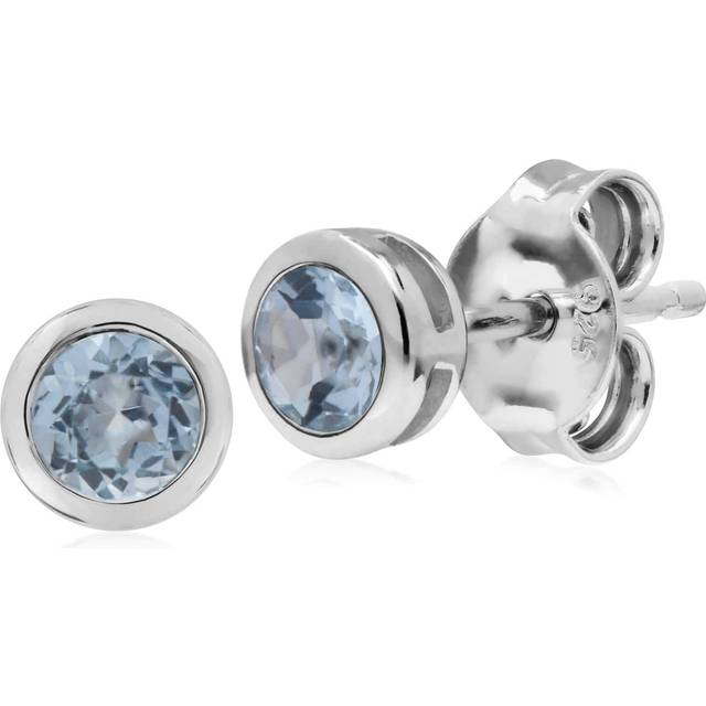 Classic Round Aquamarine Bezel Stud Earrings in 925 Sterling Silver