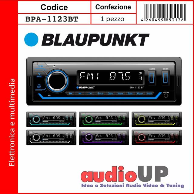 Blaupunkt BPA 1123 BT, bilradio 1-DIN, FM-RDS, Bluetooth, handsfree, 2xUSB, Aux-In, Sub-Out, flerfärgad, 200 Watt