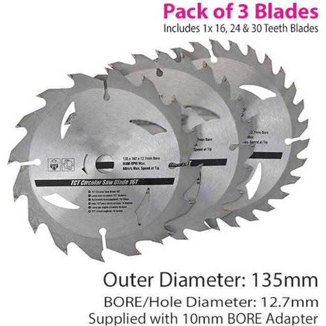 3 Pack 135mm x 12.7mm TCT Circular Saw Blades 162430 Teeth 10mm Ring
