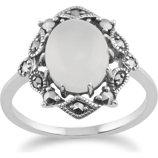 Art Nouveau Style Oval Moonstone Cabochon & Marcasite Statement Ring in 925 Sterling Silver