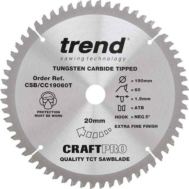 Trend CSB/CC19060T Craft Pro Negative Hook Crosscutting TCT Blade Ideal for Makita DLS713 Circular/Mitre Saws, Tungsten Carbide Tipped, 190mm x 60