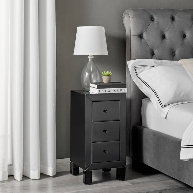 Furniturebox Lacey 3 Drawer Black Small Bedside Table - Silver - 3 Drawers