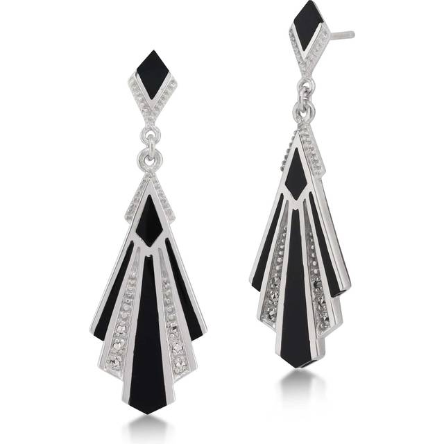 Art Deco Style Cabochon Black Onyx & Marcasite Drop Earrings