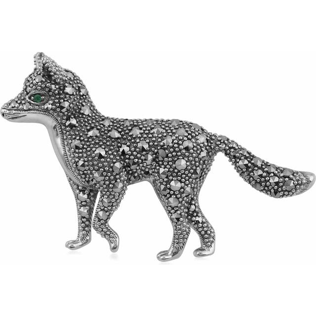 Classic Marcasite & Emerald Fox Brooch in 925 Sterling Silver