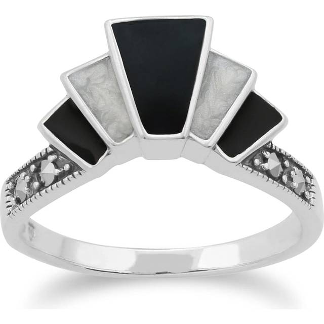 Art Deco Style Marcasite & Black and White Enamel Gradient Fan Ring in 925 Sterling Silver