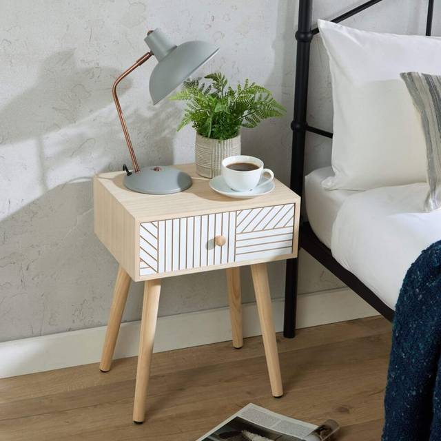 Home Source Romford 1 Drawer Natural and White Modern Bedside Table Storage Unit