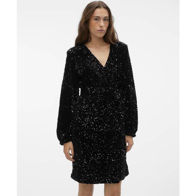 Vero Moda - Paljettklänning vmBella LS Wrap Short Dress - Svart