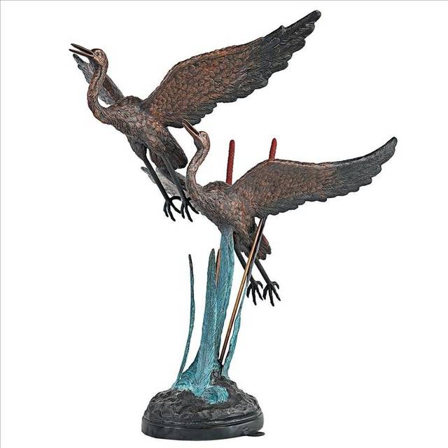 Flying Heron Pair In Reeds Cast Bronze Garden Statue