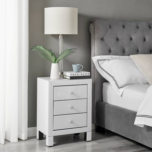 Lexi Large Wooden Bedside Table with 3 Drawers and a Modern Mirrored Finish - White - One Size