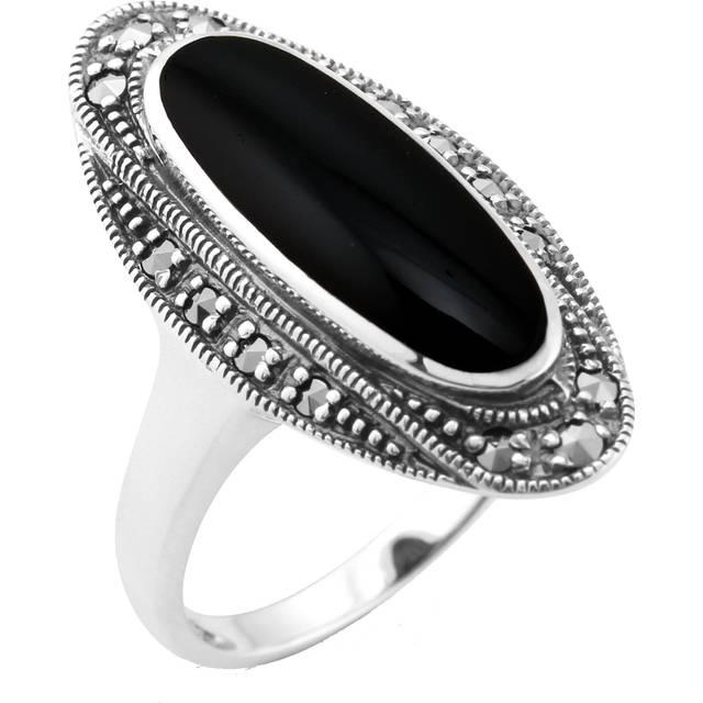 Art Deco Style Black Onyx Cabochon & Marcasite Ring in 925 Sterling Silver