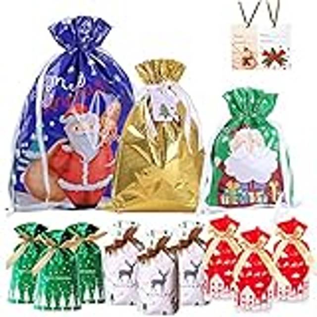 36Pcs Christmas Drawstring Gift Bags with 30 Tags,6 Design 4 Size Christmas Goody Bags Gift Wrapping Bags,Reusable Christmas Bags for