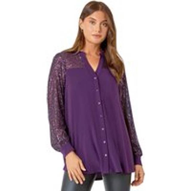 Roman Purple Embellished Sequin Stretch Blouse - Size 12