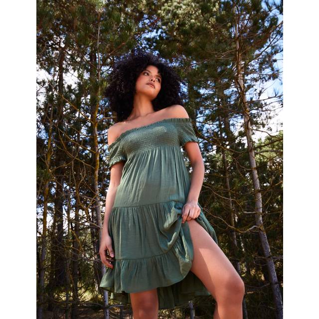 Blue Vanilla Womens Bardot Shirred Neck Line Floaty Dress - Khaki - Size Medium