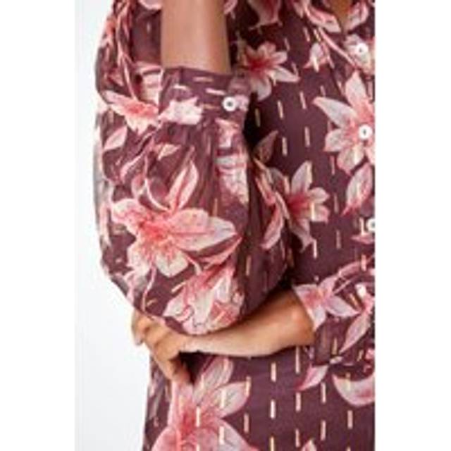 Roman Womens Floral Print Metallic Stripe Blouse - Wine - Size 10 UK