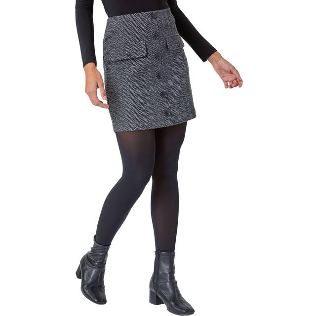 Tweed Look Button Elastic Waist Stretch Skirt - Charcoal - Size 20 - Roman