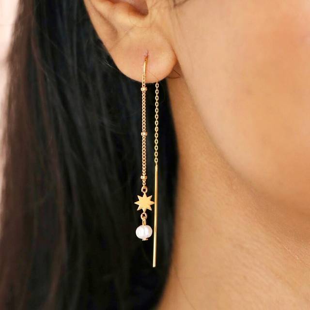 Thread Through Star and Pearl Chain Earrings in Gold - gold/white - one size