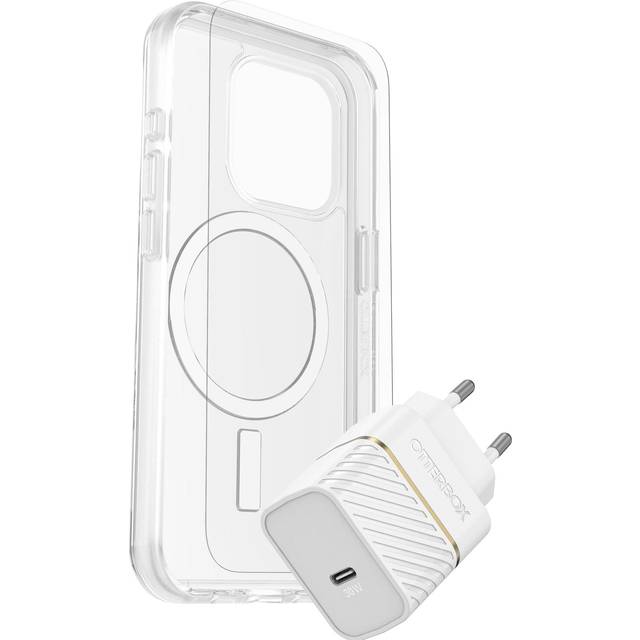 Otterbox KIT EU Fodral + skyddsglas + laddarset Apple iPhone 15 Pro Transparent, Vit MagSafe-kompatibel 78-81240