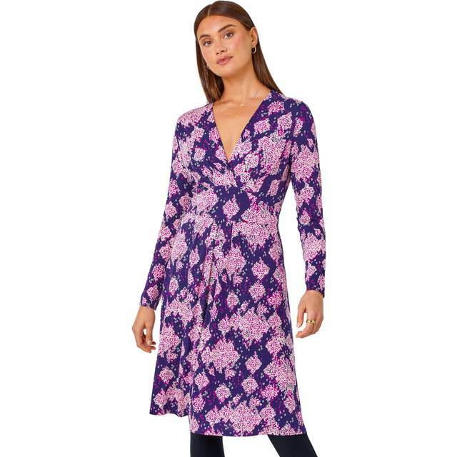 Roman Womens Abstract Aztec Gathered Stretch Dress - Purple - Size 18 UK