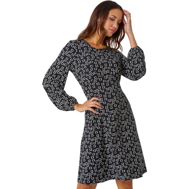 Roman Womens Square Print Gathered Stretch Dress - Black - Size 16 UK