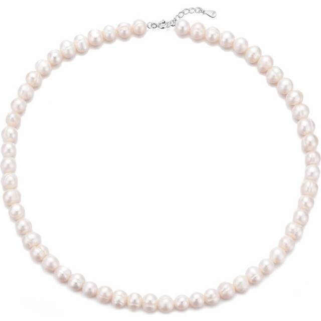 Sterling Silver White Freshwater Pearl Strand Choker Necklace