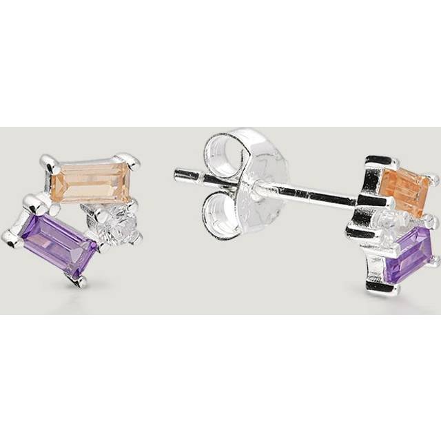 John Greed CANDY Cane Silver Peach & Purple CZ Baguette Stud Earrings For Women - purple/silver