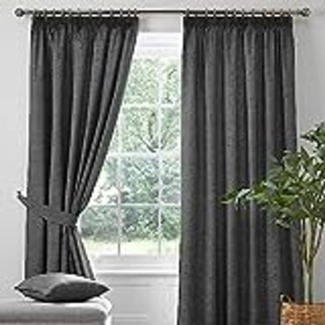 'Pembrey' Textured Pair of Pencil Pleat Curtains With Tie-Backs - Charcoal - 117cm width x 183cm drop