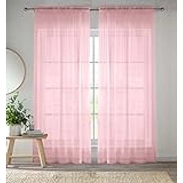 Plain Sheer Voile Panel Curtains Panel - Pair with Rod Pocket Header - Pink - 145cm width x 183cm drop