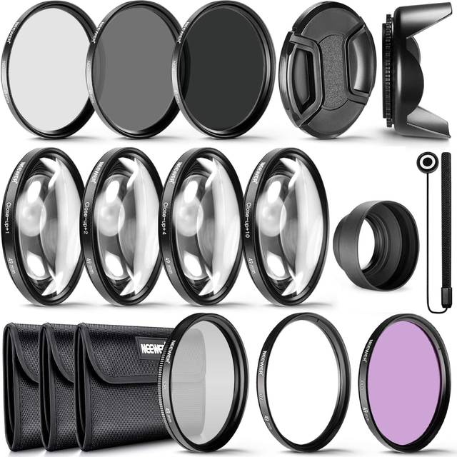 NEEWER 49 mm ND filterset ND/CPL (polfilter)/UV/FLD/närfilter objektivtillbehör ND2 ND4 ND8 gråfilterset (+1/+2/+4/+10) tulpanskydd, vikbar gummiskydd, linsskydd, filterbyte