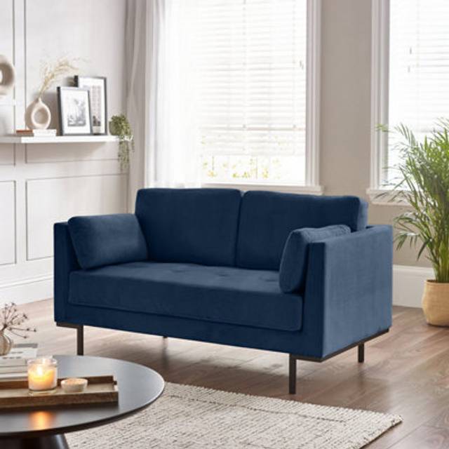 Evelyn 2-Seater Modern Chic Velvet Sofa On Timber Frame With Dark Wood Legs - Navy - One Size