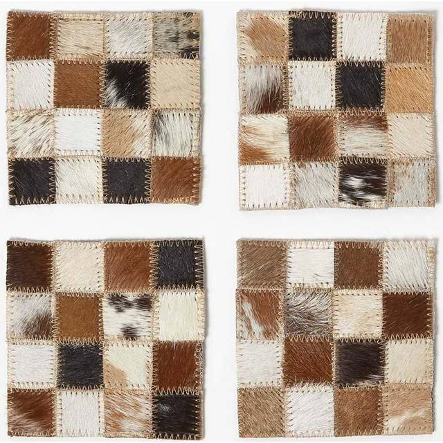 Homescapes Block Check Brown Leather Coasters Set of 4