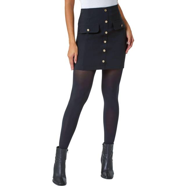 Roman Black Ribbed Elastic Waist Button A Line Skirt - Size 12