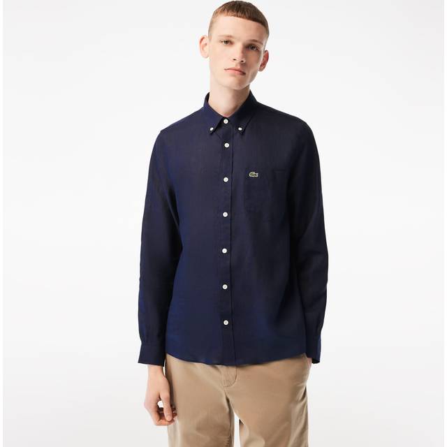 Lacoste, Casual Shirts, male, Blue, 5XL, Blue Linen Short Sleeve Shirt