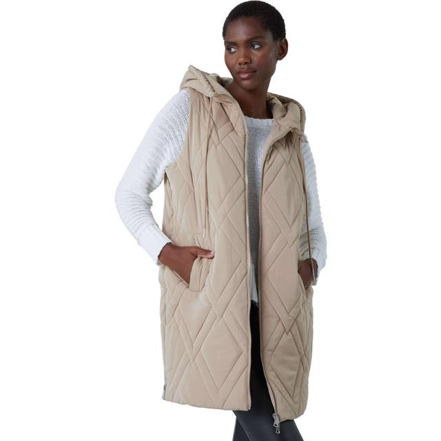 Roman Womens Diamond Quilted Hooded Gilet - Beige - Size Small