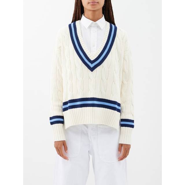 Ralph Lauren Cricket Knit Stripe Jumper, Cream/Navy