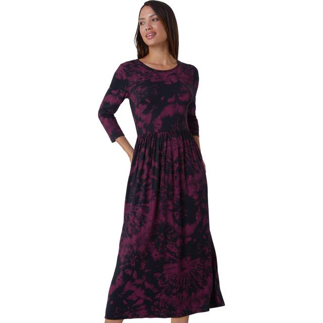 Port Tie Dye Pocket Stretch Midi Dress - Burgundy - Size 12 - Roman