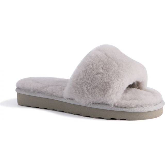 Aus Wooli Australia Womens Sheepskin Fluff Slide Slippers Grey Leather - Size UK 3