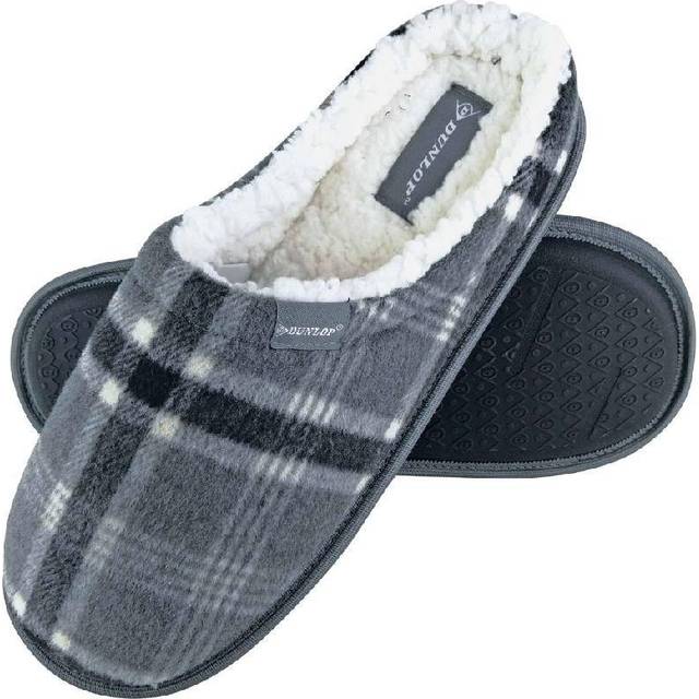 (11 UK, Grey) DUNLOP - Mens Warm Fleece Lined Slip On Checked Plaid Slippers