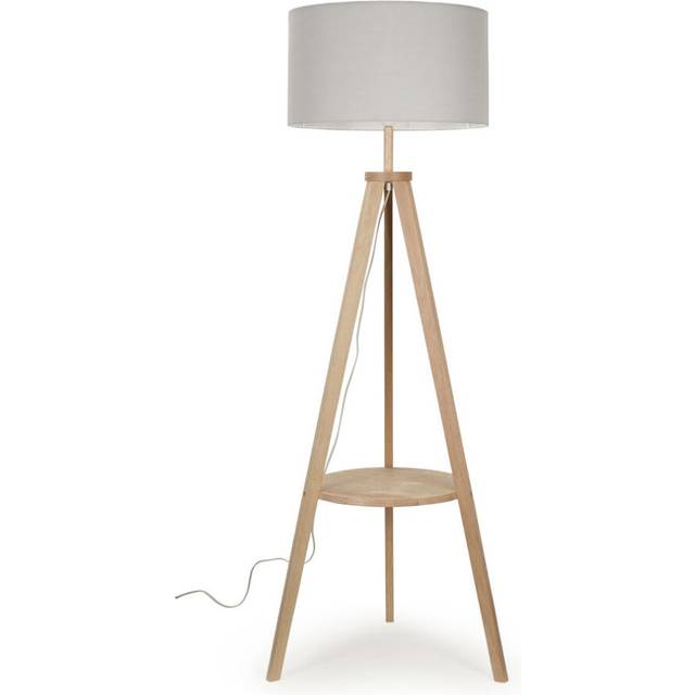 Modern Light Wood Tripod Design Floor Lamp with Storage Shelf & Grey Drum Shade - Complete with a 6w LED Bulb [3000K Warm White]
