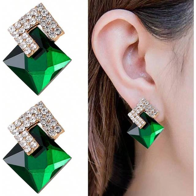 SHEIN 1pair Rhinestone-Like Geometric Diamond Stud Earrings For Women, European And American Popular Fashion Earrings, Black Ear Decoration As A Birthday Gi